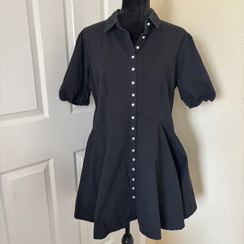 Missguided Black Pearl Button Down Skater Mini Cotton Dress Size 10